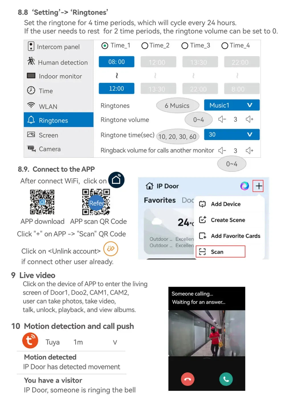 Intercom ringtone and app connection settings screen with time schedule options