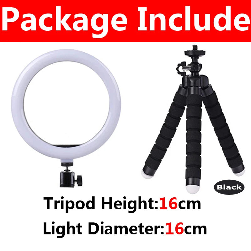 16cm LED ring light and a 16cm flexible black foam tripod for photography and video recording.