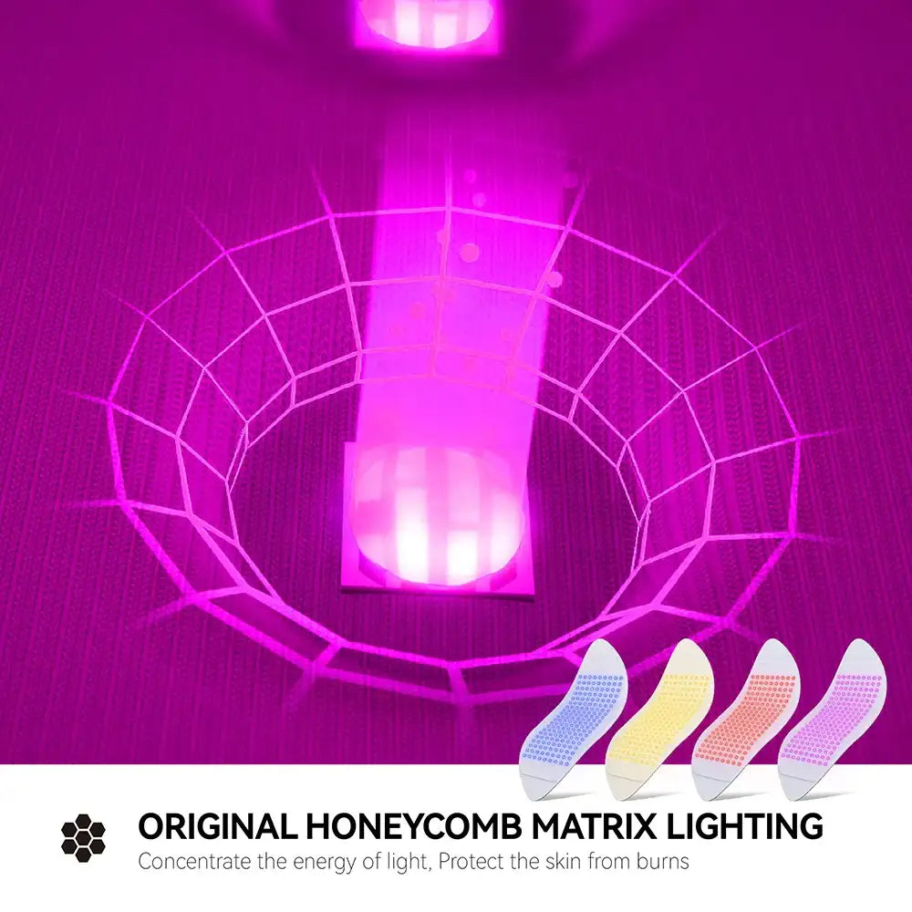 A graphic showing a honeycomb grid over a bright pink LED light, with four small, curved panels in different colors.