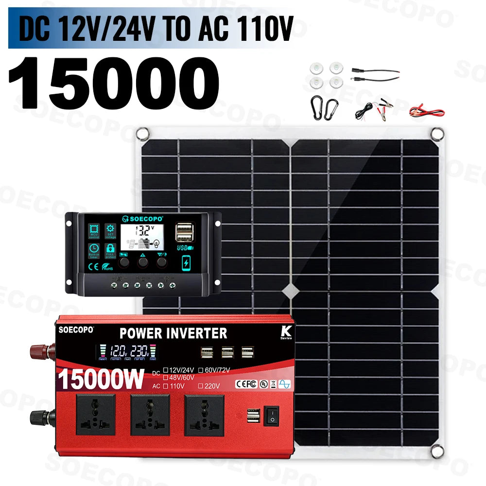 Portable Solar System Kit 15000W Peak 12V 24V To 110V 220V Inverter 3 Universal Sockets 300W Panel 100A Controller for Home RV