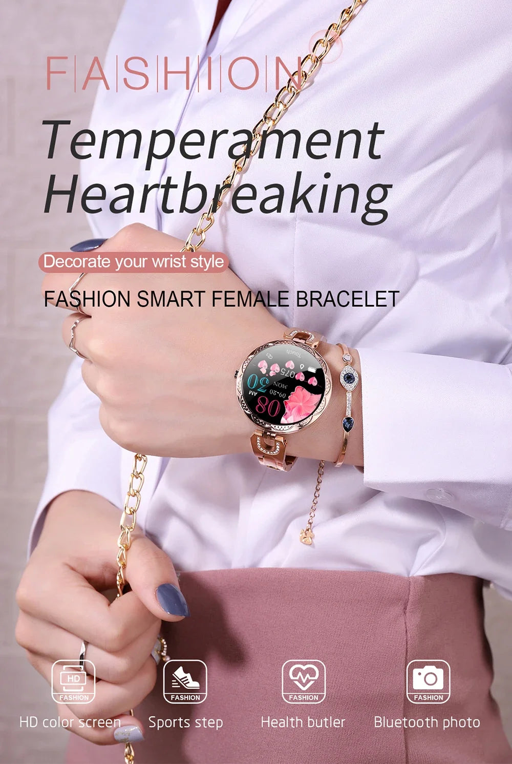 Fashion Ladies Smart Watch Luxury Women Bluetooth Wristband Waterproof Blood Pressure Fitness Tracker Bracelet Crystal Watch