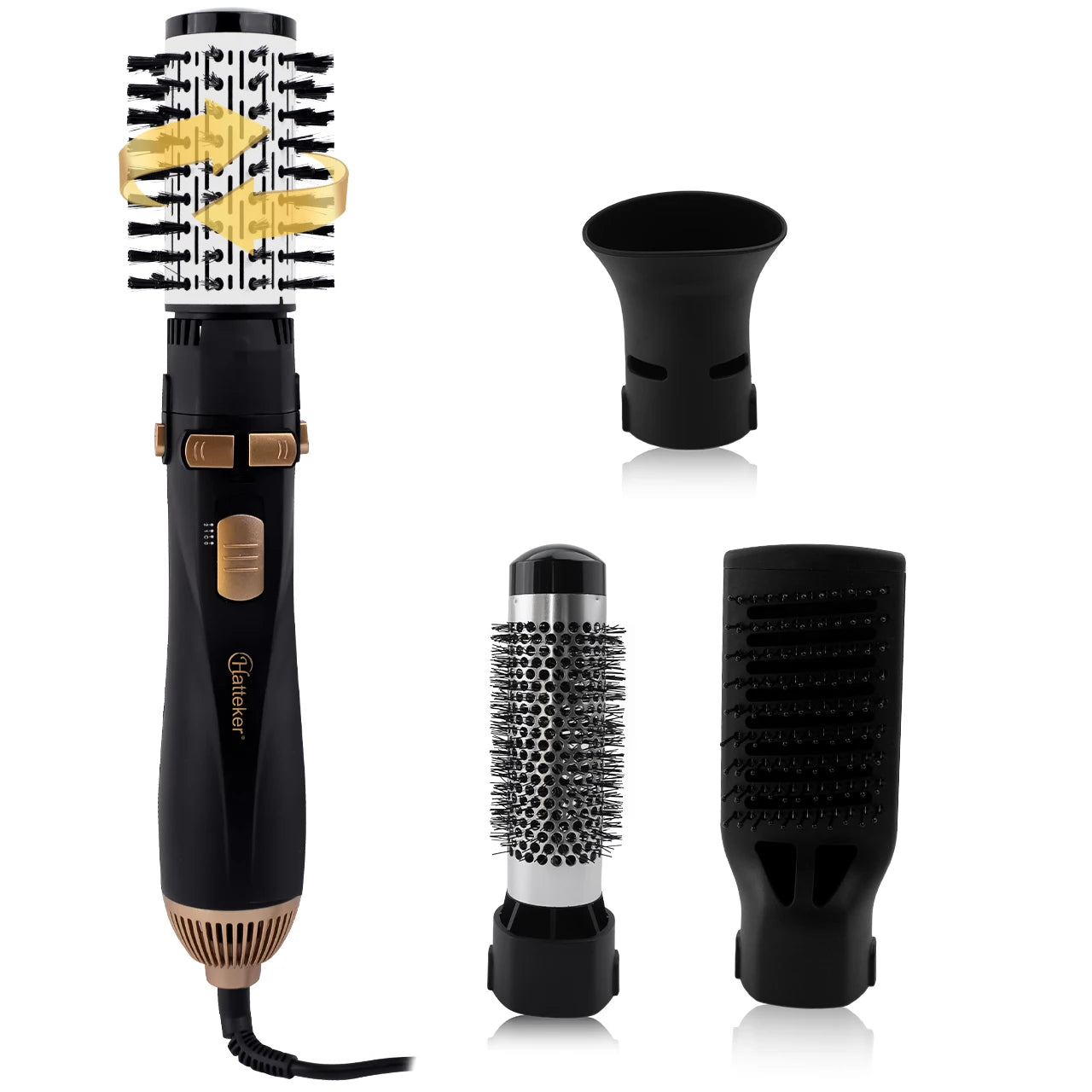 Hatteker 4-in-1 hot air brush dryer in black and gold with styling attachments for curling and straightening hair.