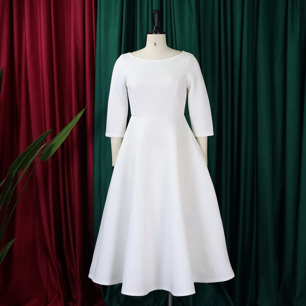 Elegant Pure Color Maxi Dress Evening Gown A- Line Skirt Polyester Fabric round Neck Short Sleeve High Waist Midi Dress