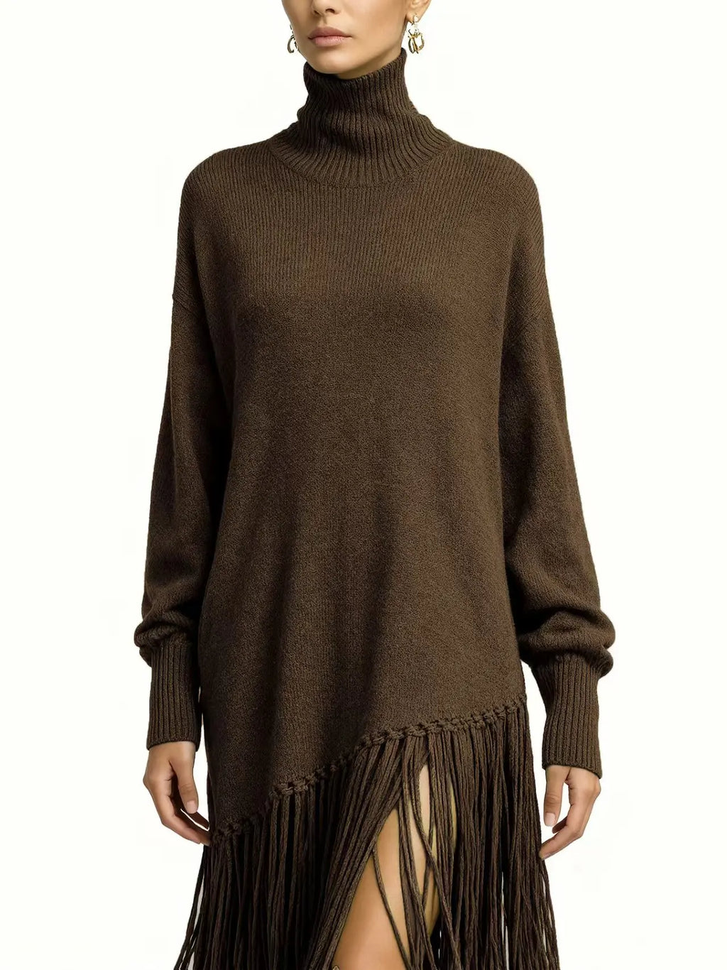 Spring Sexy Turtleneck Tassel Knitted Dress Woman Casual Solid Ribbed Loose Maxi Dress Autumn Long Sleeve Pocket Party Dress