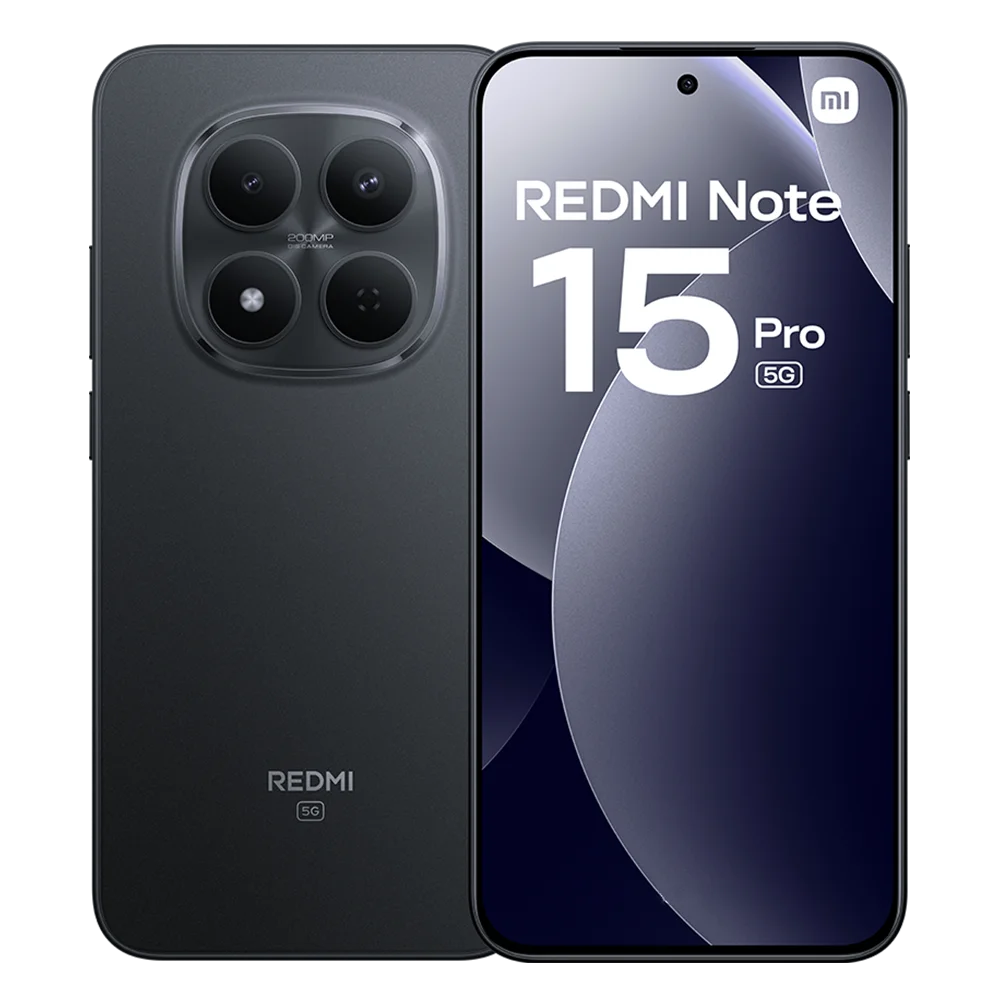 Black Xiaomi Redmi Note 15 Pro 5G with 200MP OIS camera, 6.83" AMOLED display, front and rear product view.