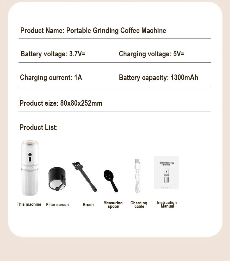 White portable electric coffee grinder and brewer set with filter, brush, spoon, and charging cable. 252mm tall.
