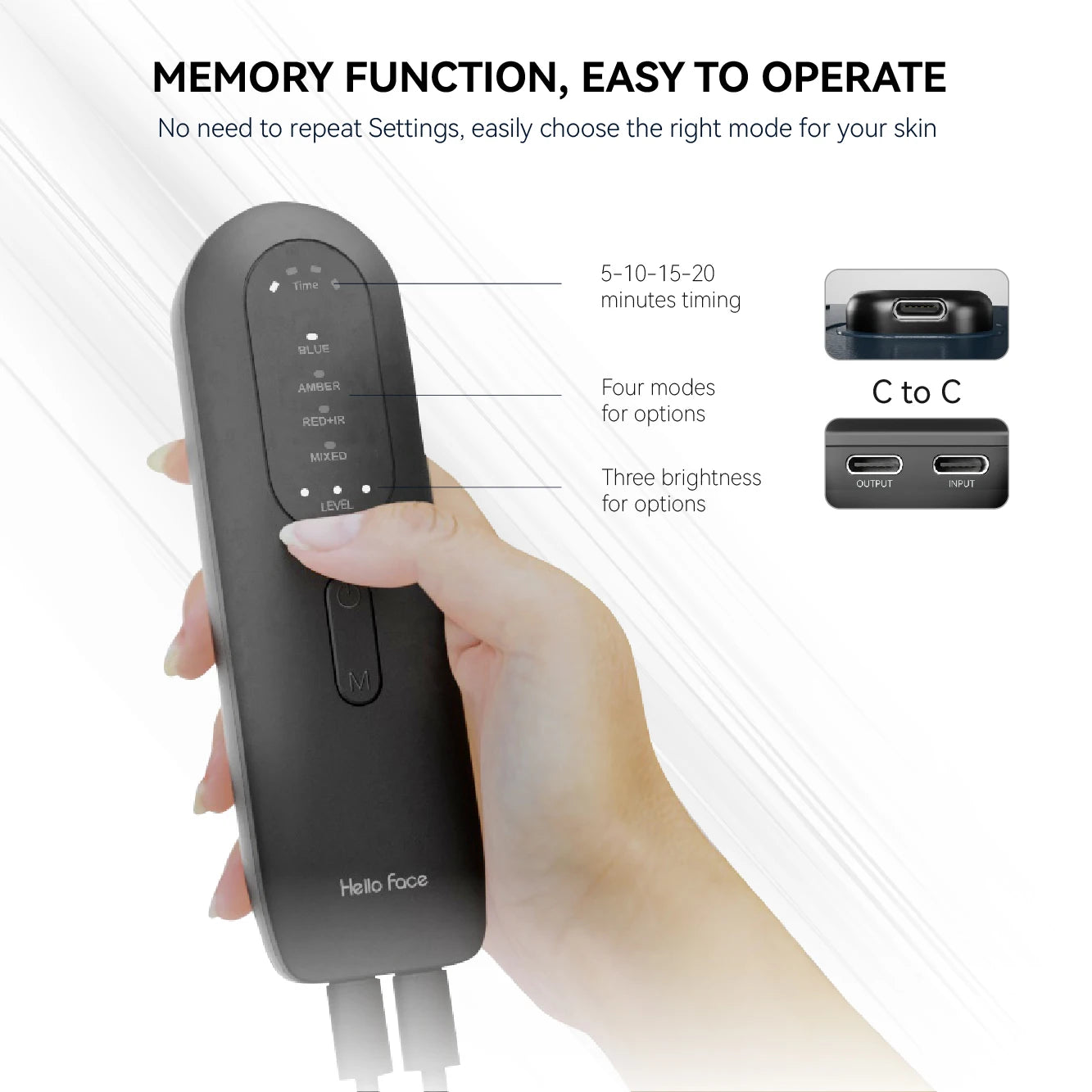 A hand holding a black, oval-shaped LED light therapy remote with mode, timing, and brightness settings.