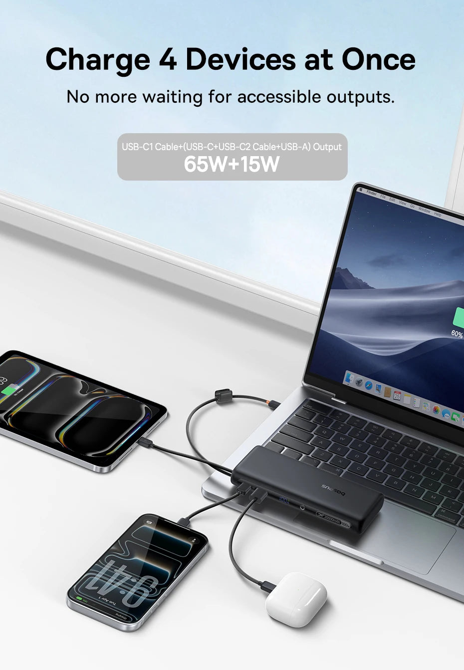 20000mAh 100W Fast Charging Power Bank with Integrated Cables Tidesmit