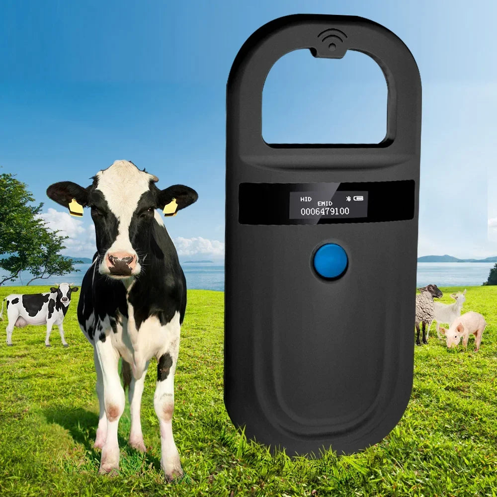 Handheld black RFID pet microchip scanner with OLED display for fast dog, cat, and livestock identification.