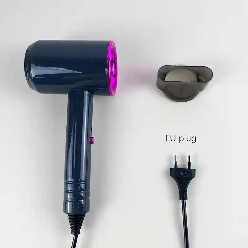 Professional dark blue 1000W ionic hair dryer with pink trim, nozzle attachment, and EU plug for fast, quiet drying.