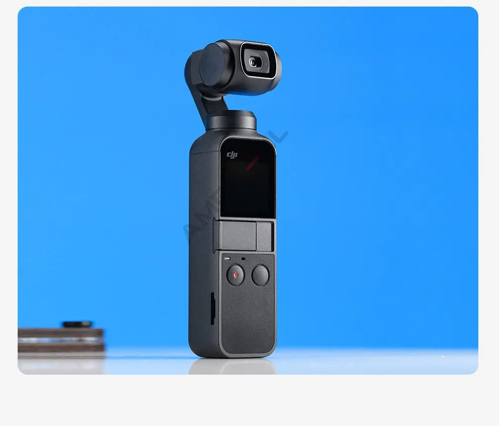 Compact black gimbal camera with a vertical touchscreen and integrated lens for stabilized handheld video recording.