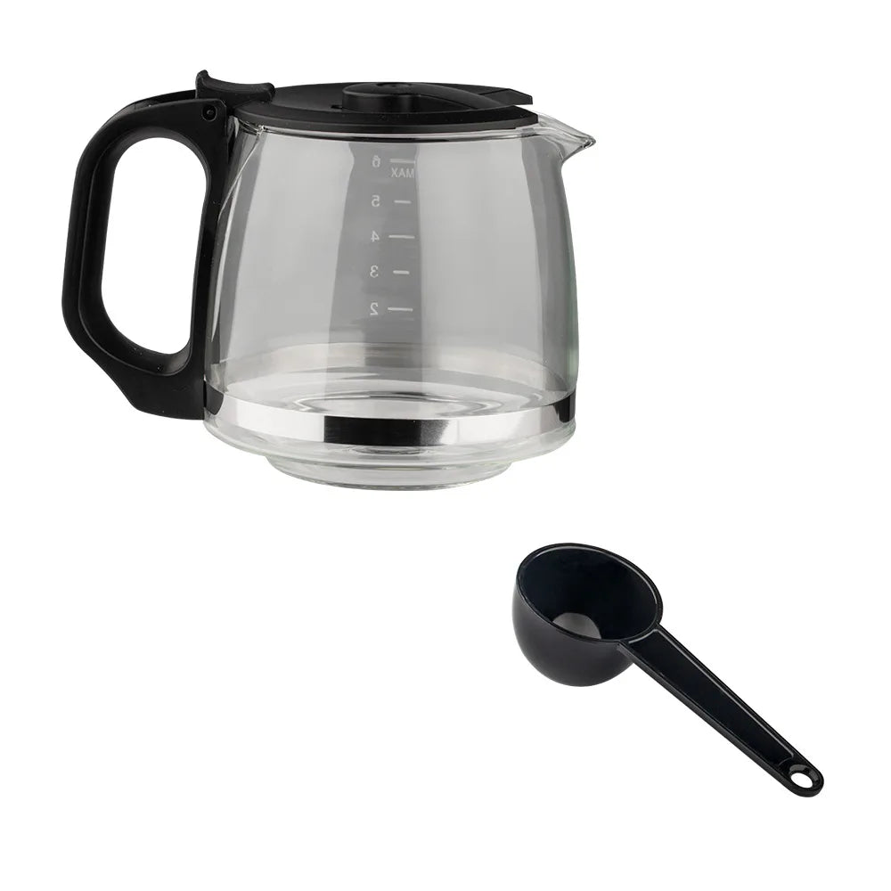 Replacement glass coffee carafe with black handle, lid, and measuring scoop. Clear 5-cup capacity coffee pot.