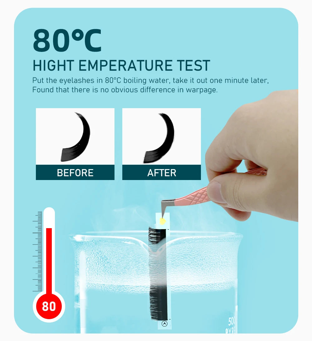 Abonnie cashmere individual lashes undergoing an 80°C heat test in a beaker, showing curl retention before and after.