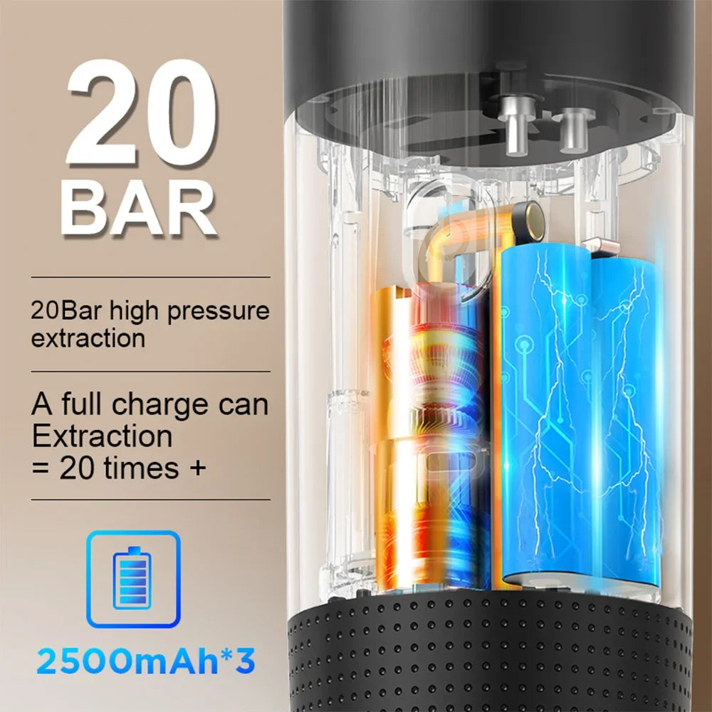 Portable 20-bar espresso maker with clear casing, internal 7500mAh battery, and black textured base.