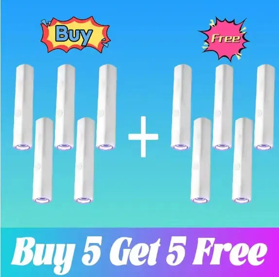 Ten white cylindrical wart removal pens arranged in two groups of five, separated by a plus sign on a blue background.
