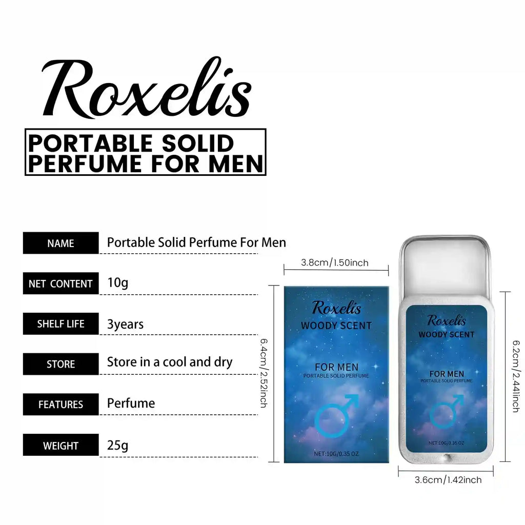 Roxelis portable solid perfume for men in a pocket tin. Natural woody scent balm for travel and daily business use.