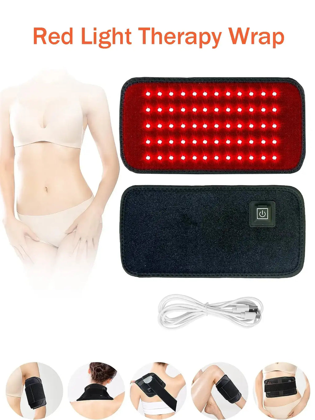 Red and infrared light therapy belt with 60 LEDs, shown in red and black with a USB cable and various usage examples.