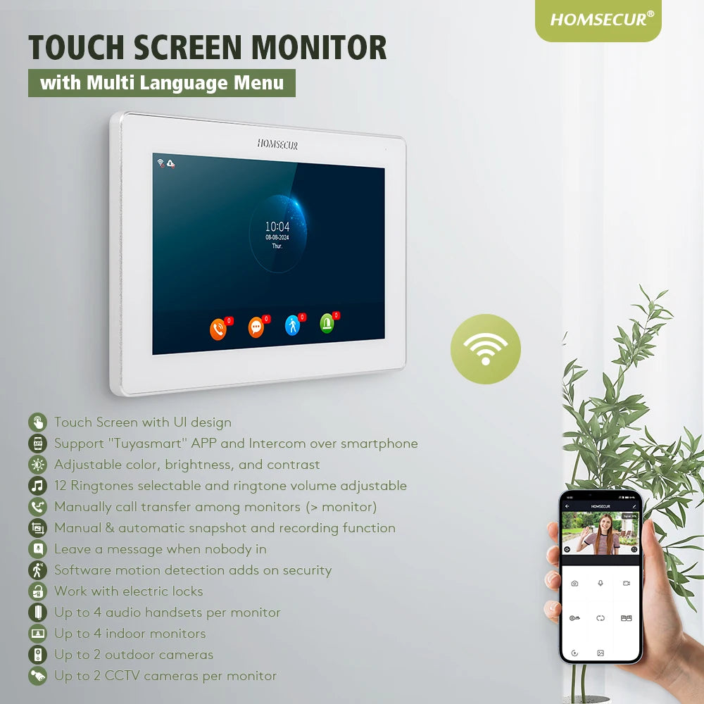 HOMSECUR 4 Wire Tuya Smart 7" WIFI 1080P Video Phone Doorbell Intercom IP65 Camera Fingerprint IC Keyfobs Access Snapshot Record