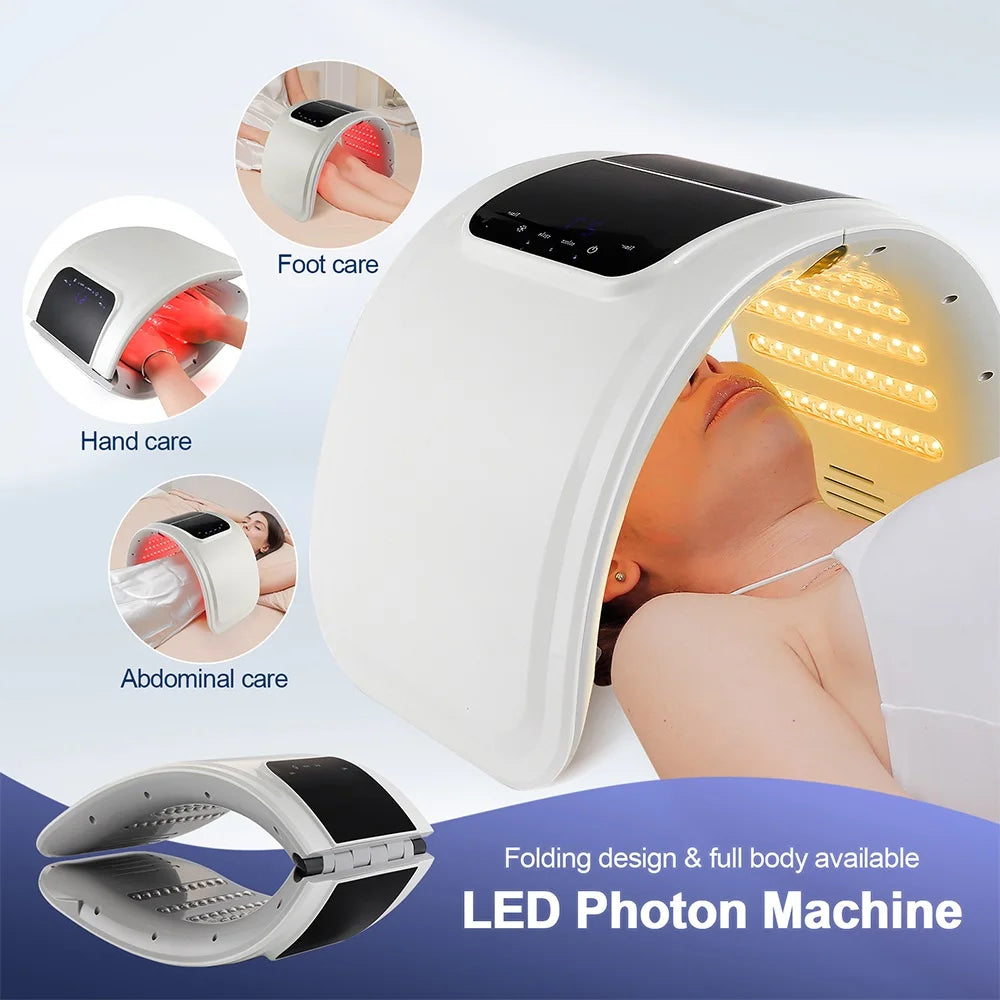 White folding LED light therapy device for face and body skin rejuvenation, shown with multiple treatment examples.