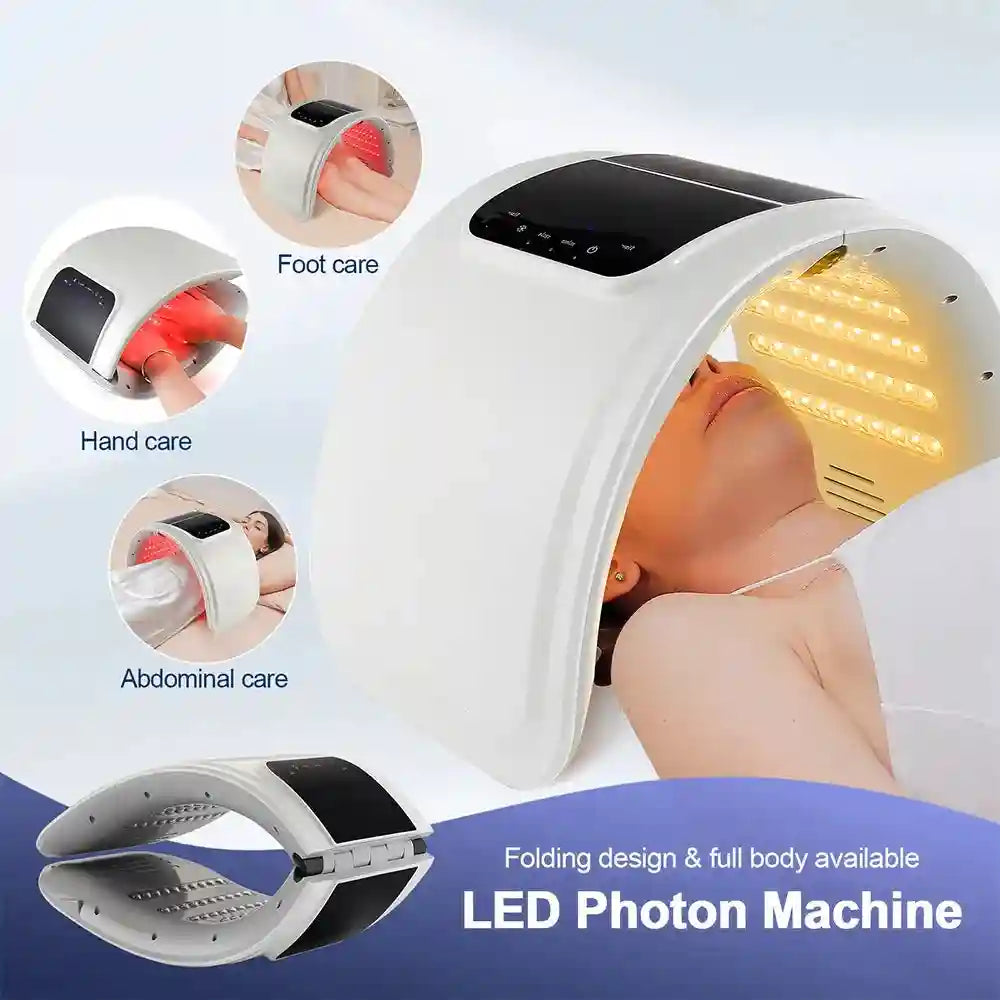 White, foldable 7-color LED PDT light therapy device for face and body skin rejuvenation with a black control panel.