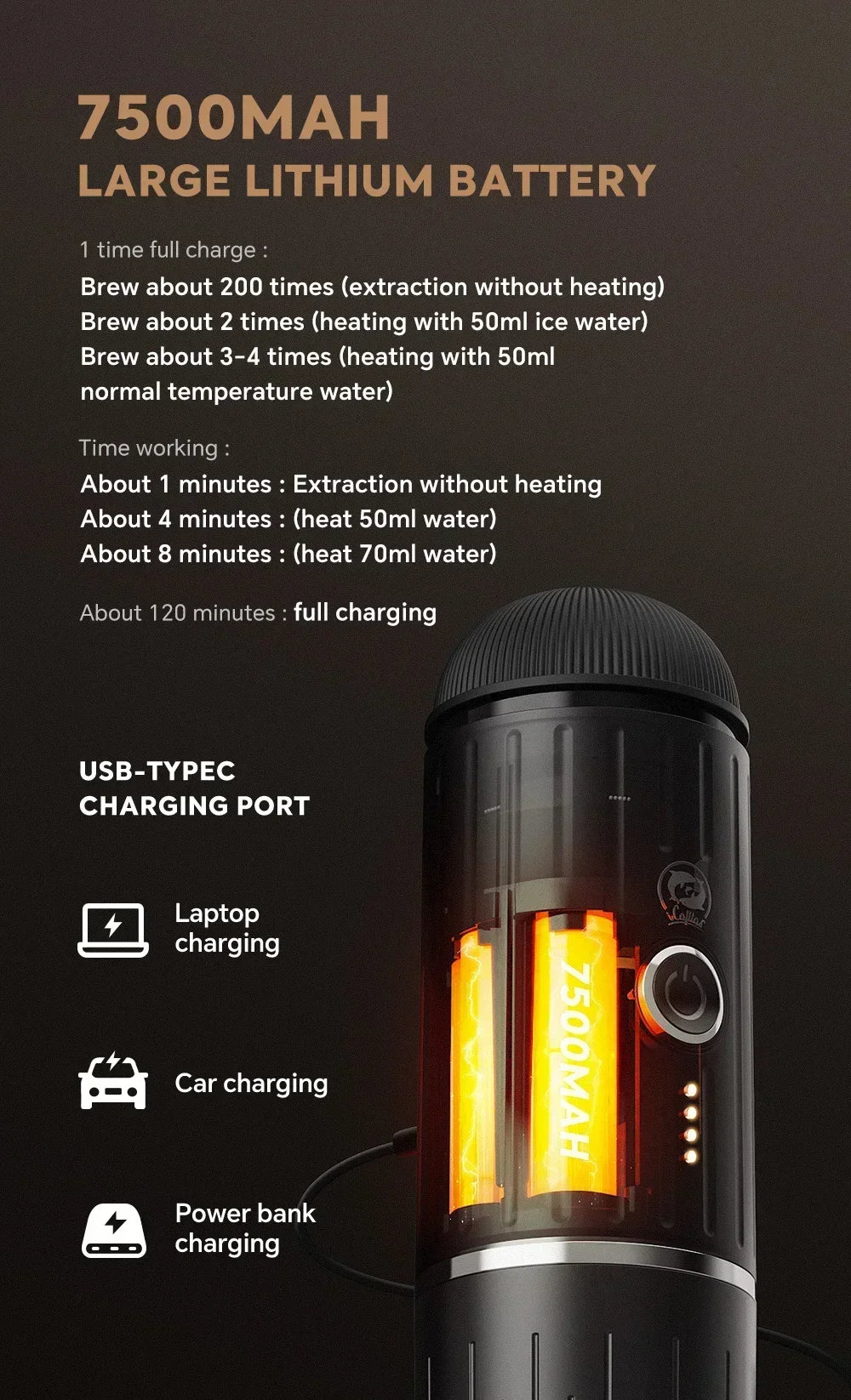 Black portable espresso maker with 7500mAh lithium battery, USB-C charging, and sleek matte finish.