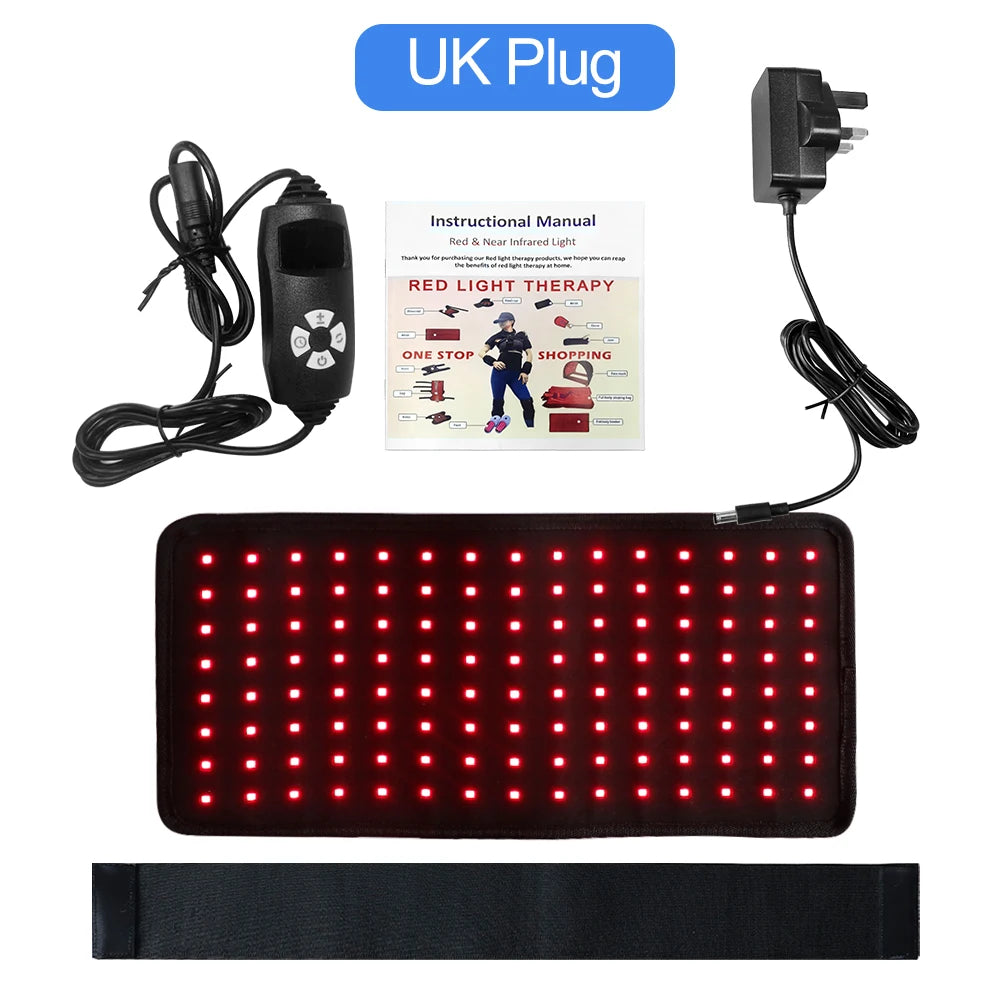 120 LED red light therapy waist belt with UK plug, controller, and manual for pain relief and body slimming.