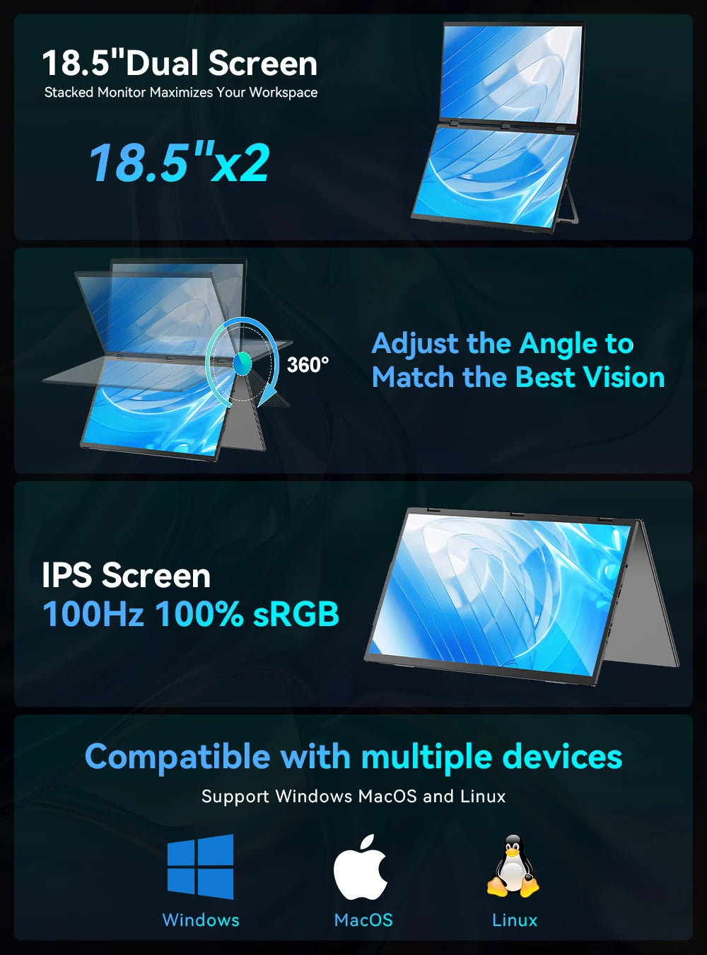 UPERFECT 18.5" Dual Screen Portable Monitor 100Hz 100% sRGB 1080P HDR Folding Versatile Solution For PC Mobile Phone Game Consol