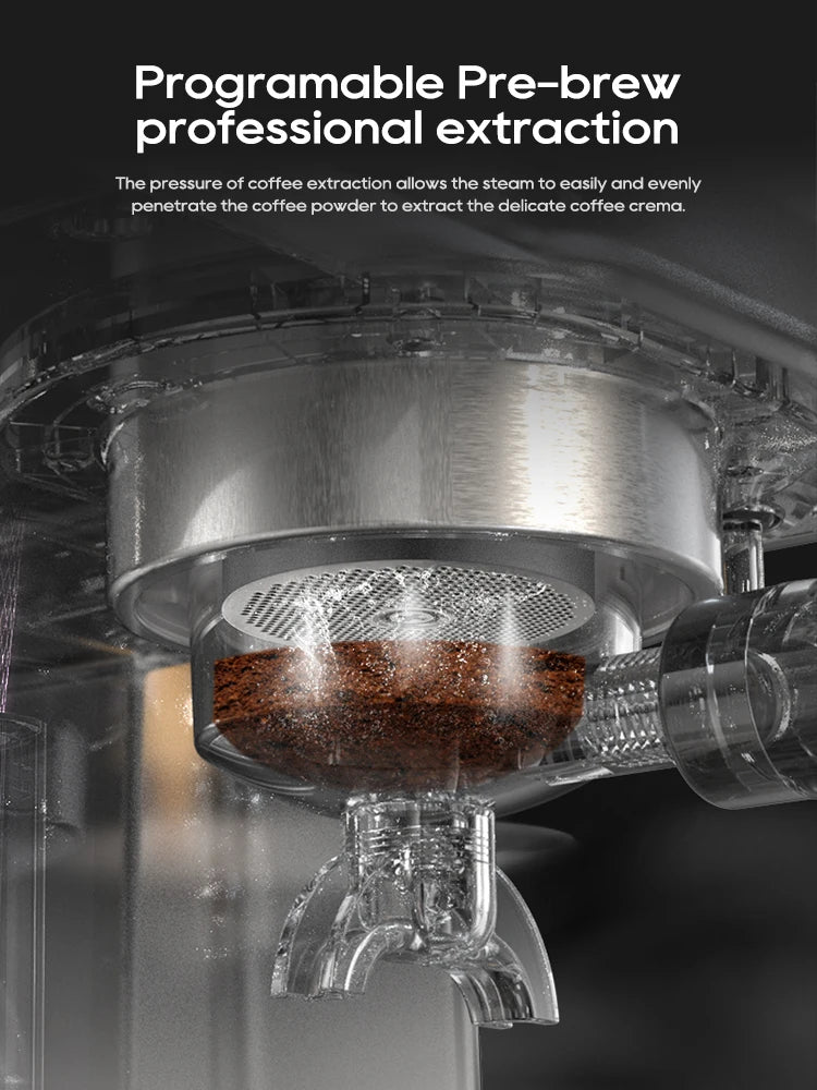 Close-up of stainless steel espresso machine portafilter extracting rich coffee grounds with pressure and crema.