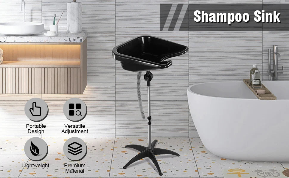 Portable Shampoo Bowl With Chair - Adjustable Salon Wash Sink - Black Massage Chairs Tidesmit
