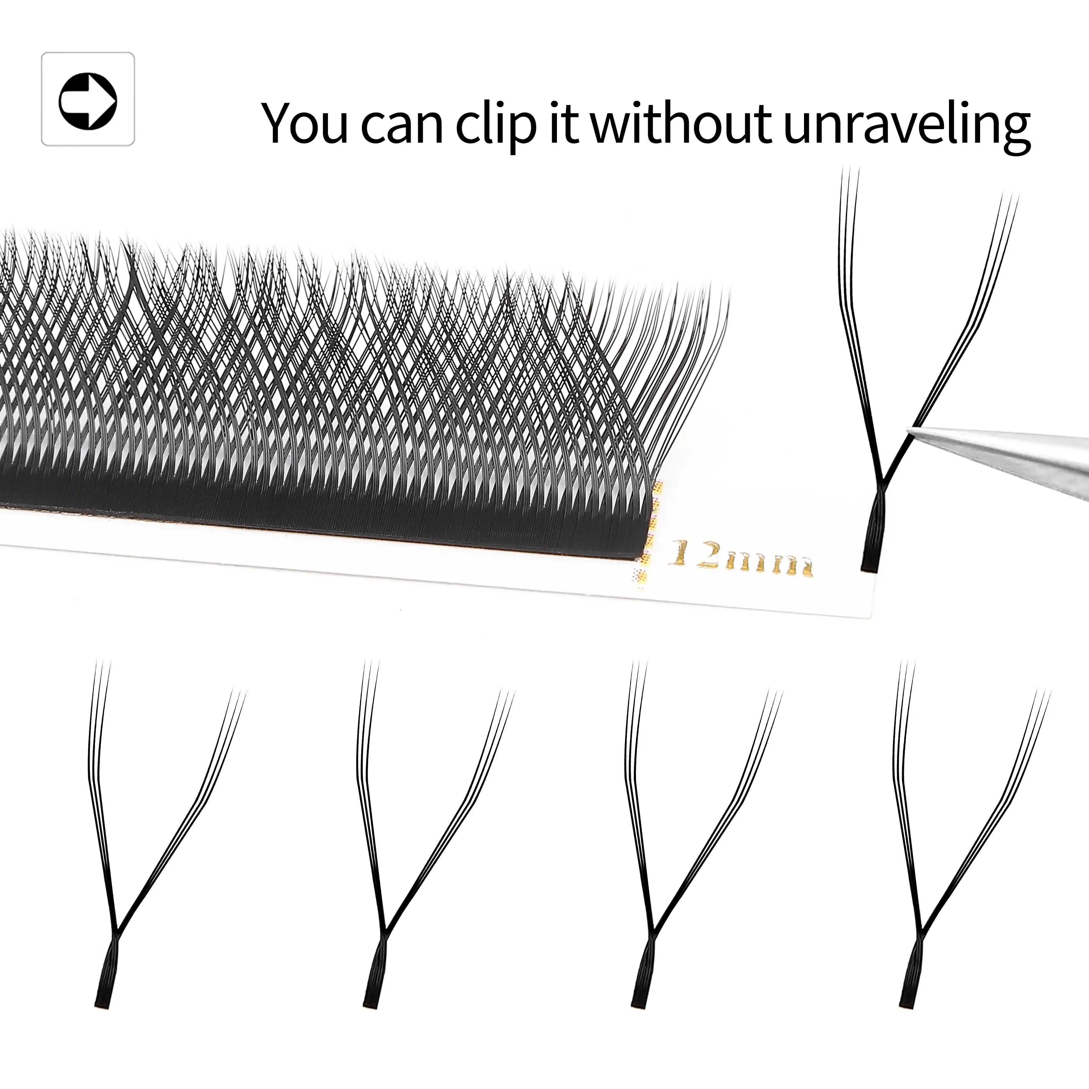 12mm black premade volume eyelash extension fans on an adhesive strip, designed for easy application without falling.