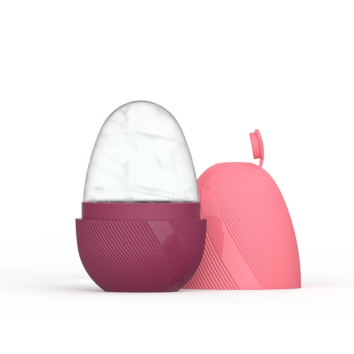 Egg-shaped ice face roller with a deep pink base and a lighter pink cap, featuring a textured, ribbed surface design.
