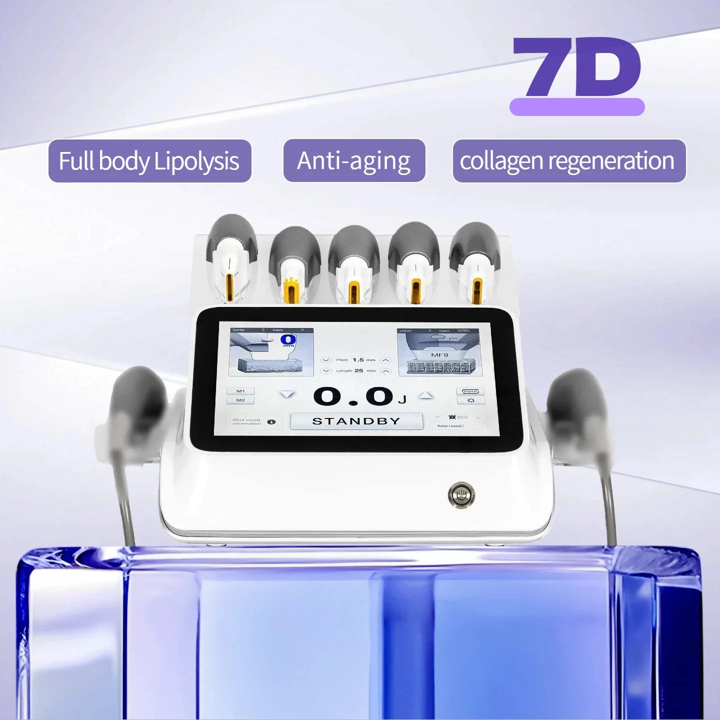 White 7D beauty SPA machine with a digital touchscreen, multiple probe attachments, and a blue base.