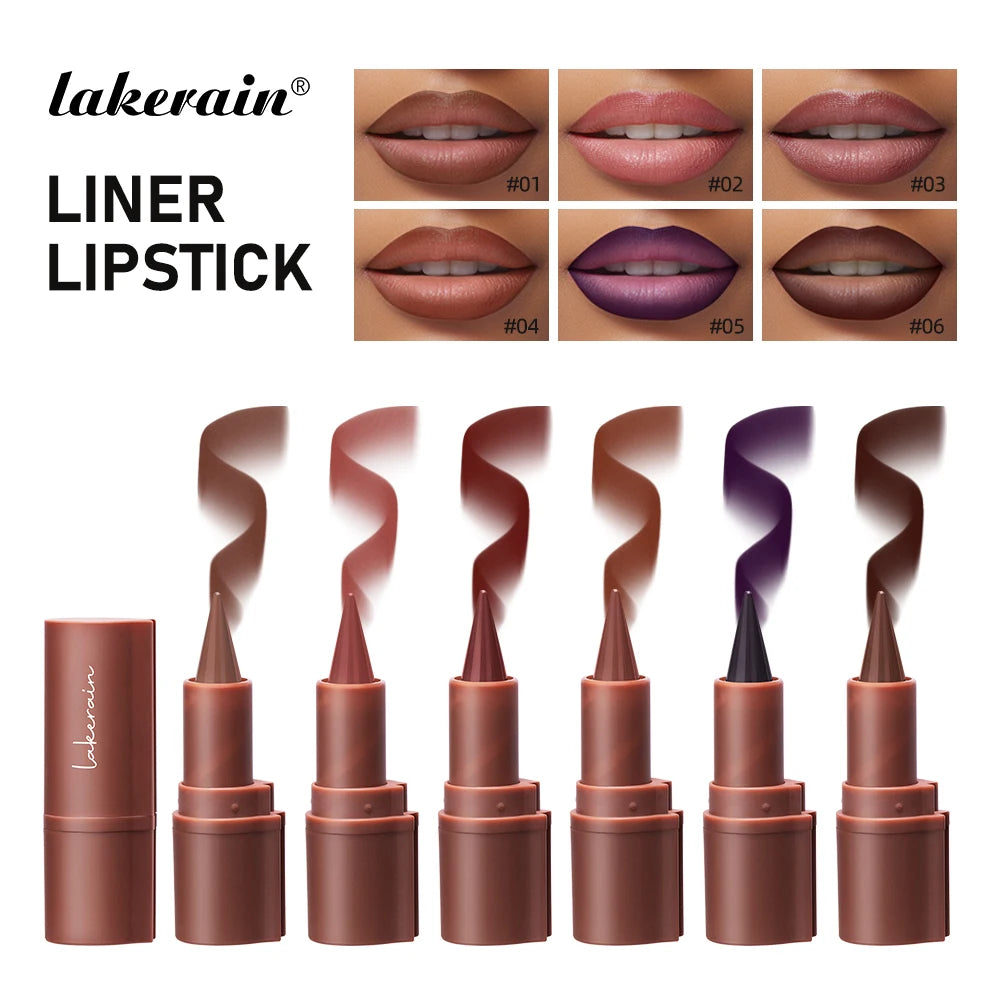 Lakerain matte lipstick pens in 6 waterproof, gradient shades including red, brown, and purple for precise lip makeup.