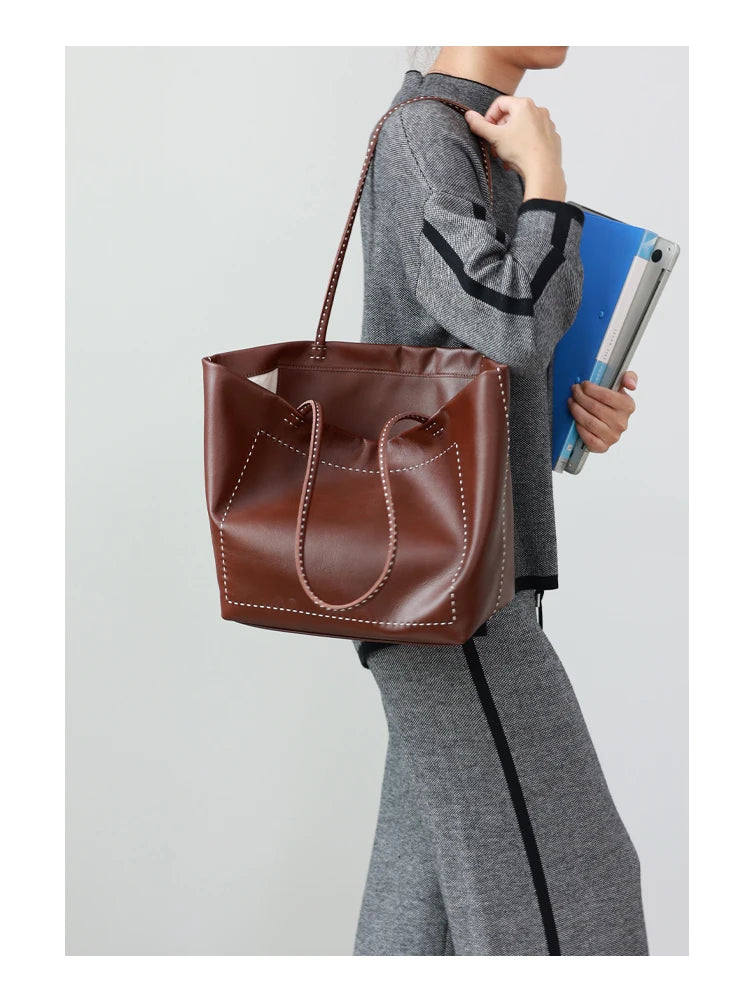 Women Large Capacity Genuine Leather Tote Soft Shoulder Bag