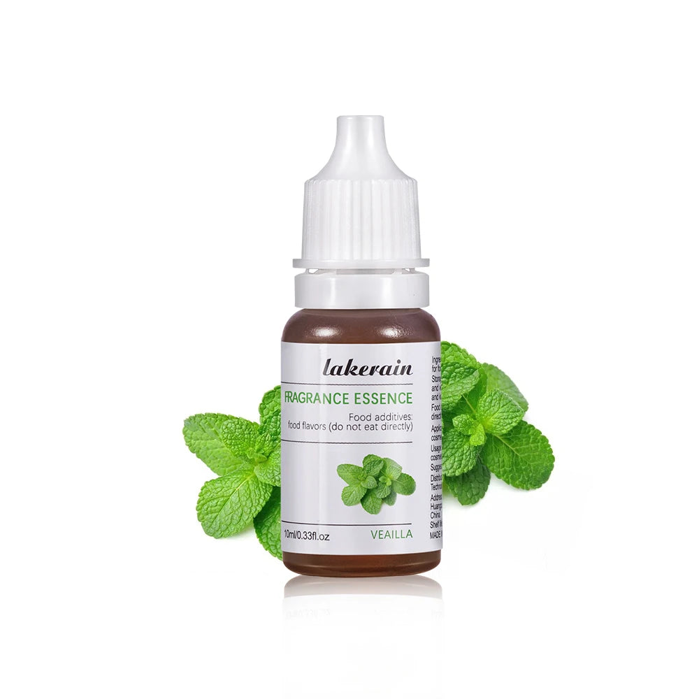 10ml Lakerain fragrance essence bottle with white cap, clear liquid, and fresh green mint leaves for DIY lip gloss.