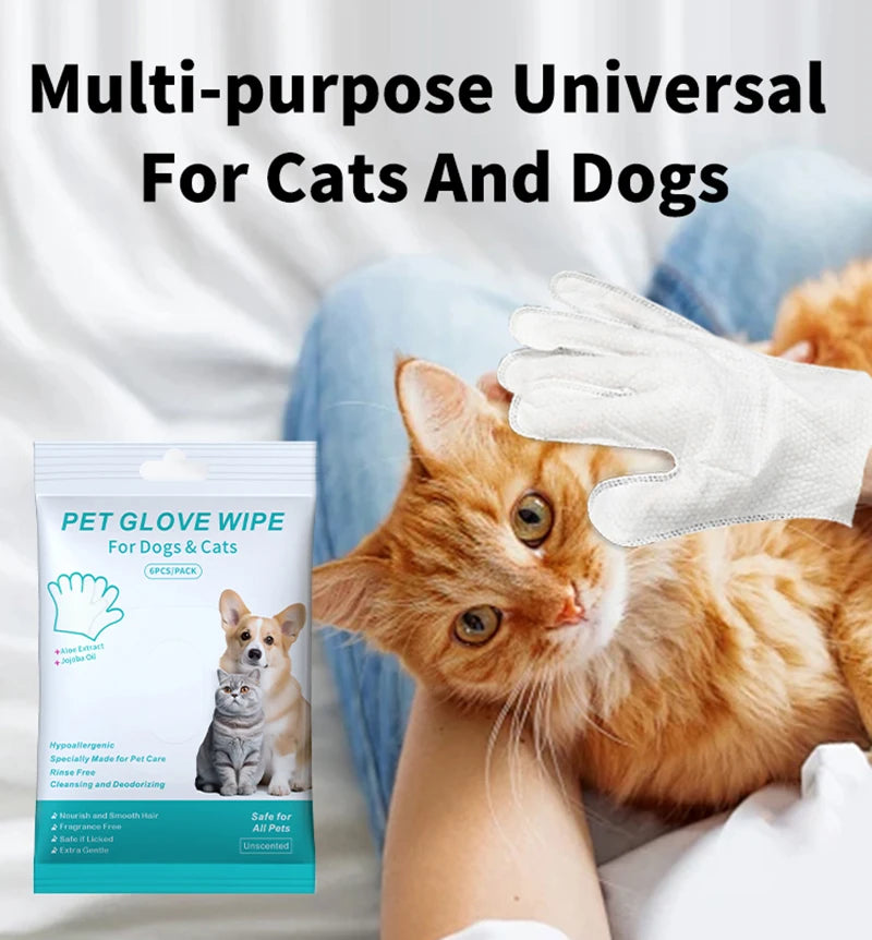 White disposable pet wash-free cleaning glove wiping an orange cat for easy, gentle, and deodorizing pet grooming.