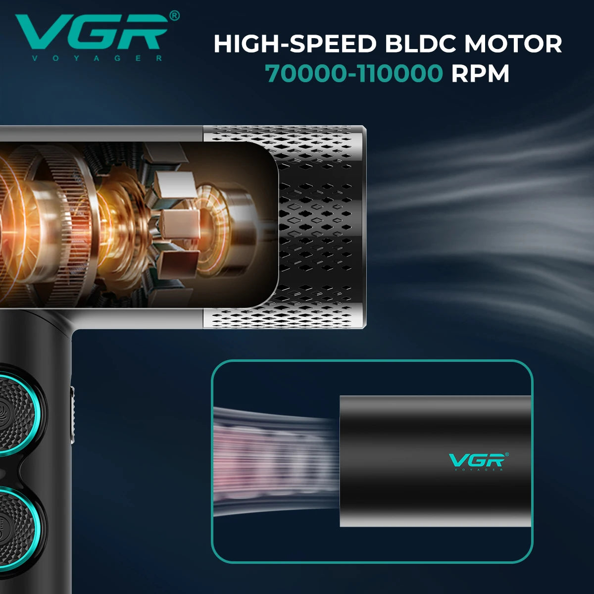 VGR V-401 professional hair dryer with high-speed 110k RPM brushless motor, black design, and digital heat control.