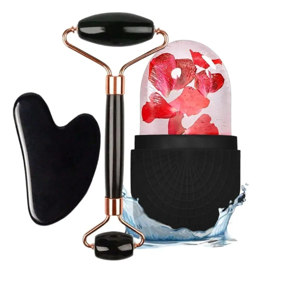 3-piece black facial skincare set: a jade roller, heart-shaped gua sha, and an ice roller filled with red petals.