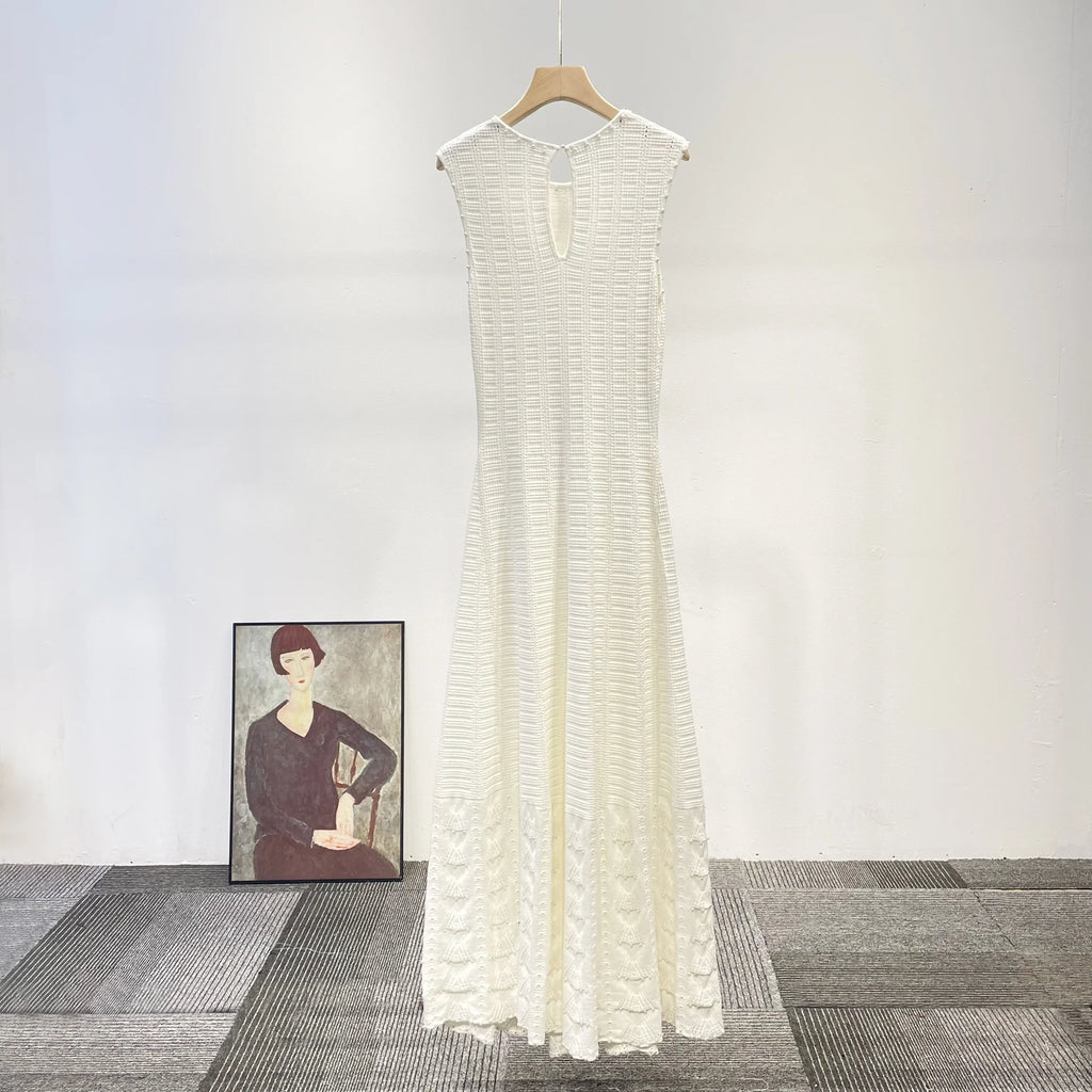 CHUJIE 2025 Summer 3-Piece French Style Set - Knit Maxi Dress + Sleeveless Top + Cover-Up, Pearl & Hollow Out, Viscose+Nylon