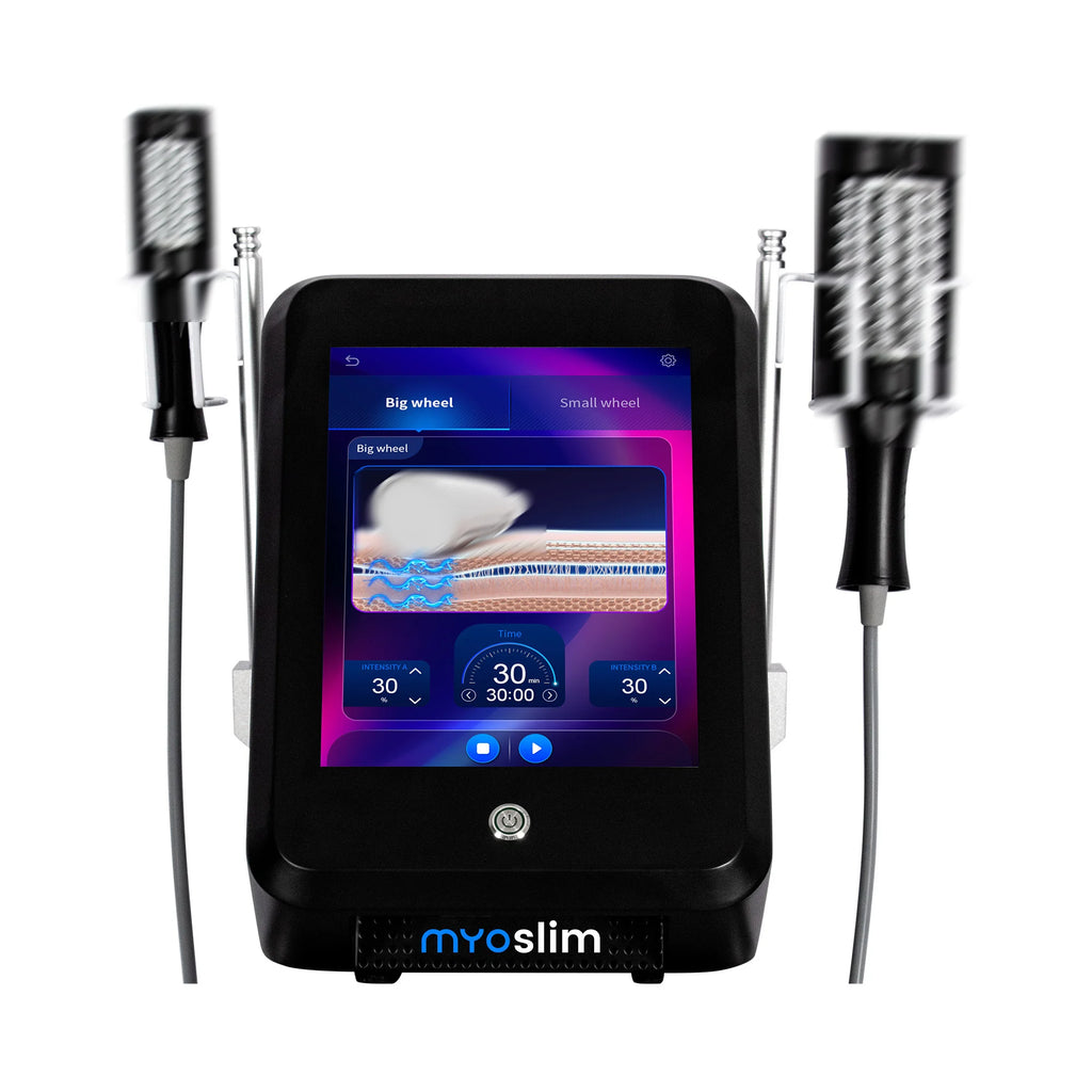 Black MyoSlim body sculpting machine with a digital touchscreen and two vibrating handheld applicator rollers.