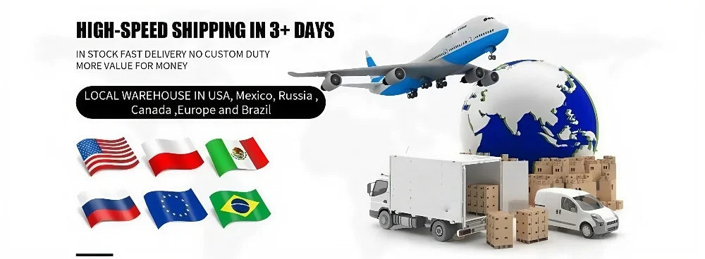 Graphic showing shipping info with an airplane, globe, delivery trucks, and international flags for fast delivery.