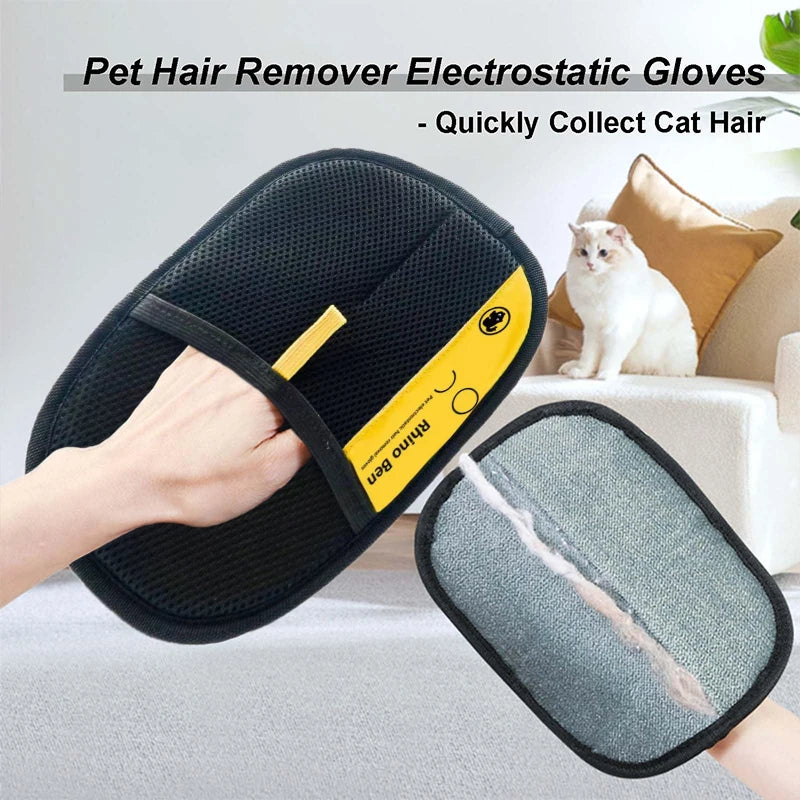 Black electrostatic pet hair removal gloves for cats and dogs, easily cleaning fur from furniture and clothing.