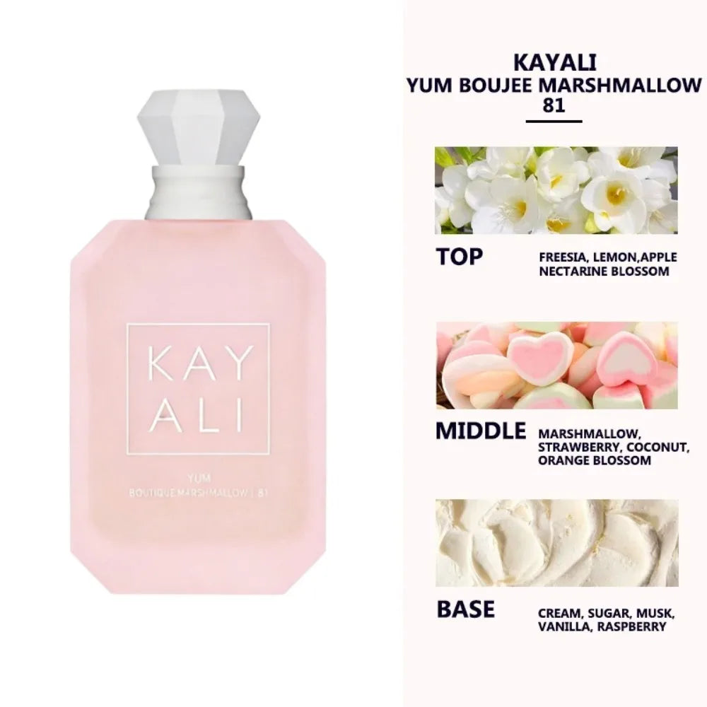 Kayali Yum Boujee Marshmallow 81 perfume: pink rectangular bottle, gourmand scent with marshmallow, vanilla, and fruit.