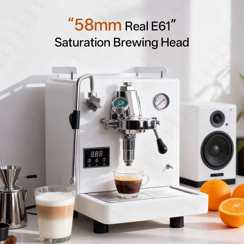 Cafovo white espresso machine with 58mm E61 chrome brewing head, digital display, and pressure gauge on kitchen counter.
