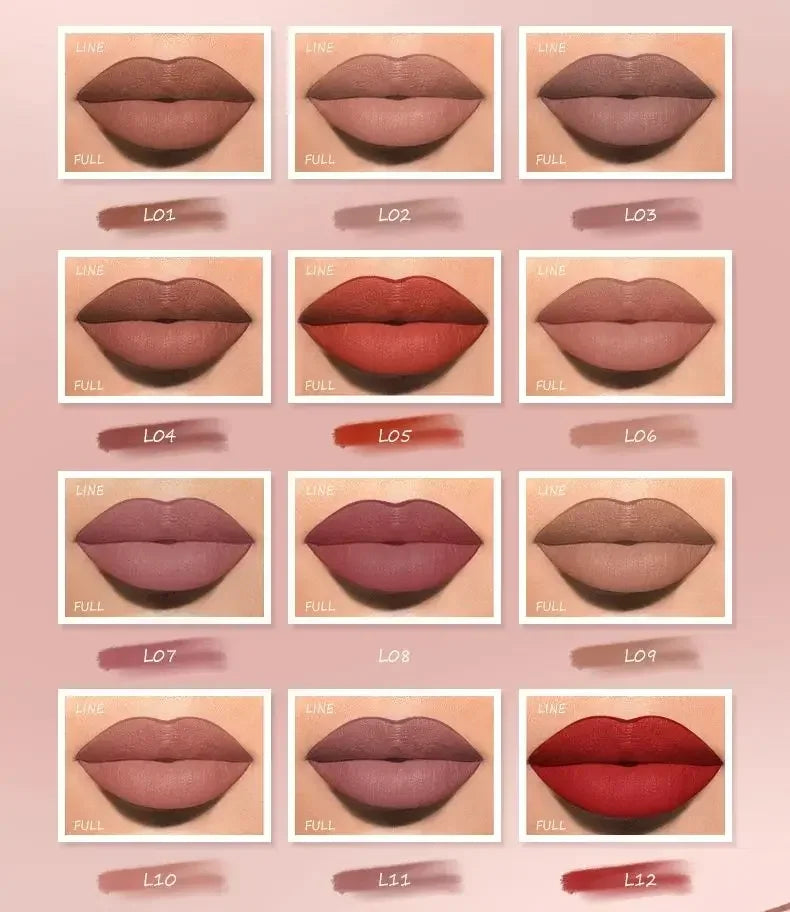 12-color waterproof matte velvet lip liner set featuring long-lasting full coverage lipstick swatches in various shades.