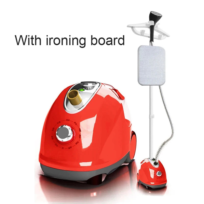 Red vertical garment steamer with ironing board, hose, and handheld base