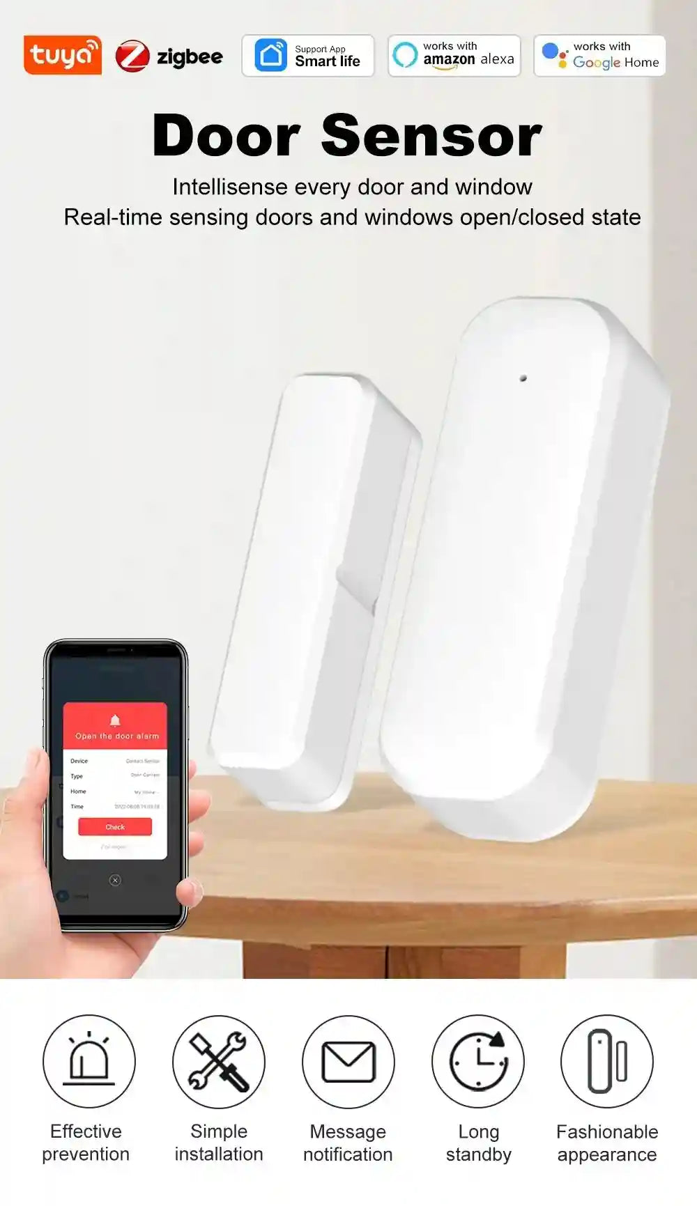 Zigbee Door Window Sensor for Smart Home Automation - White Tidesmit