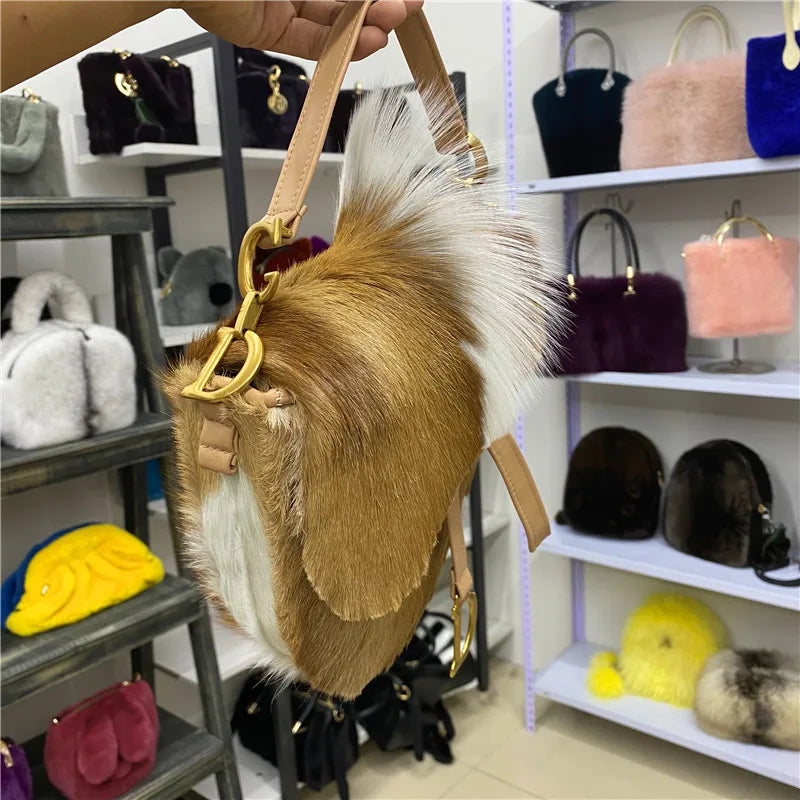 Tote Bag Women's Wool Cashmere Turf Leather Handle Contrast Color Handbag 2025 Luxury Brand High-end Large Capacity Shoulder Bag