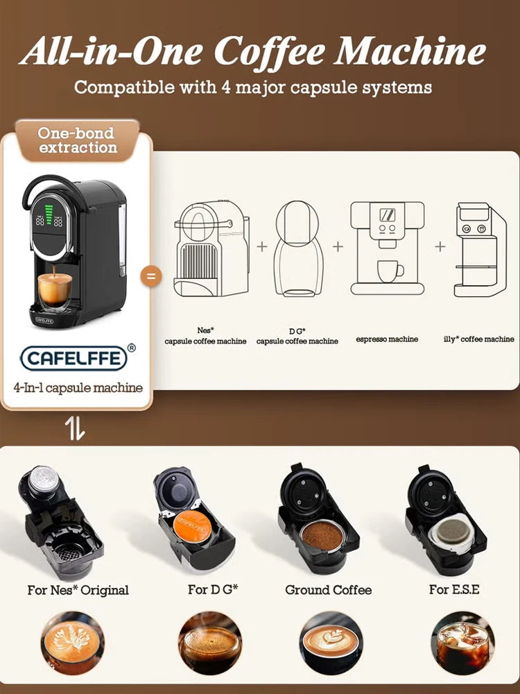 Cafelffe 4-in-1 black capsule coffee machine compatible with Nes, DG, ground coffee, and E.S.E. pods.