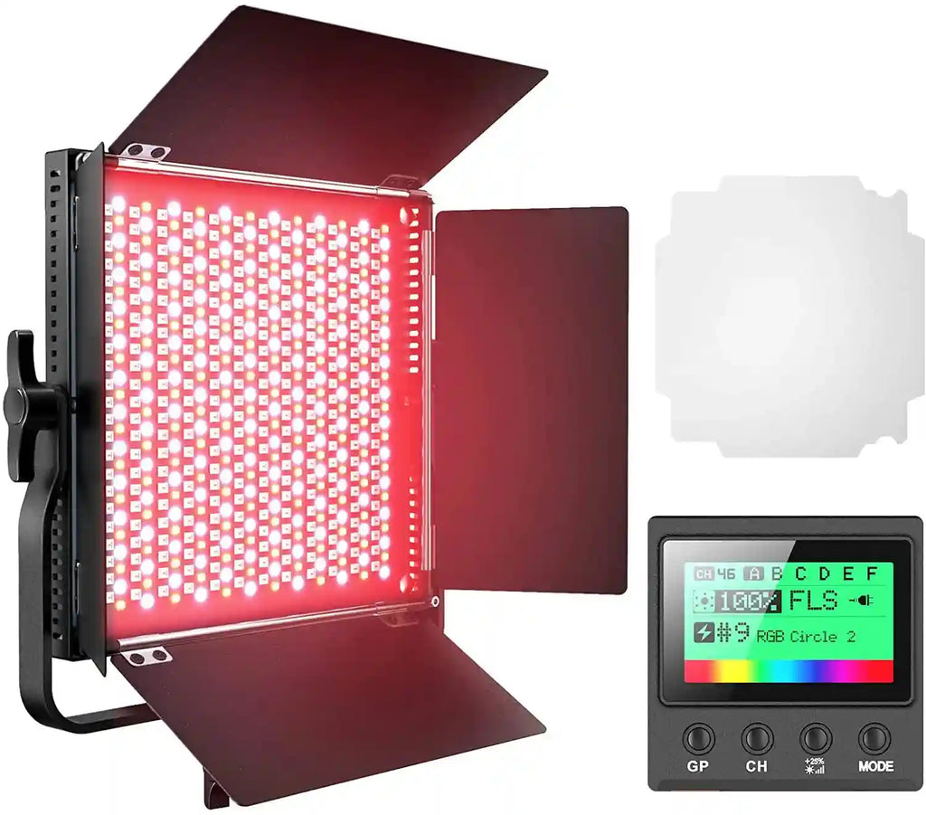 Square RGB LED video light panel with metal barn doors, white diffuser, and a digital control remote.